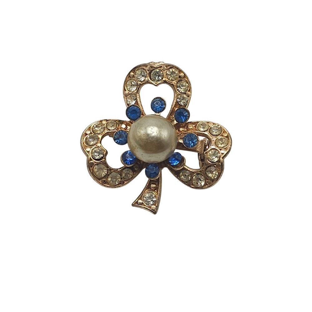 Vintage Gold Tone Shamrock Brooch Blue Rhinestones Faux Pearl Center